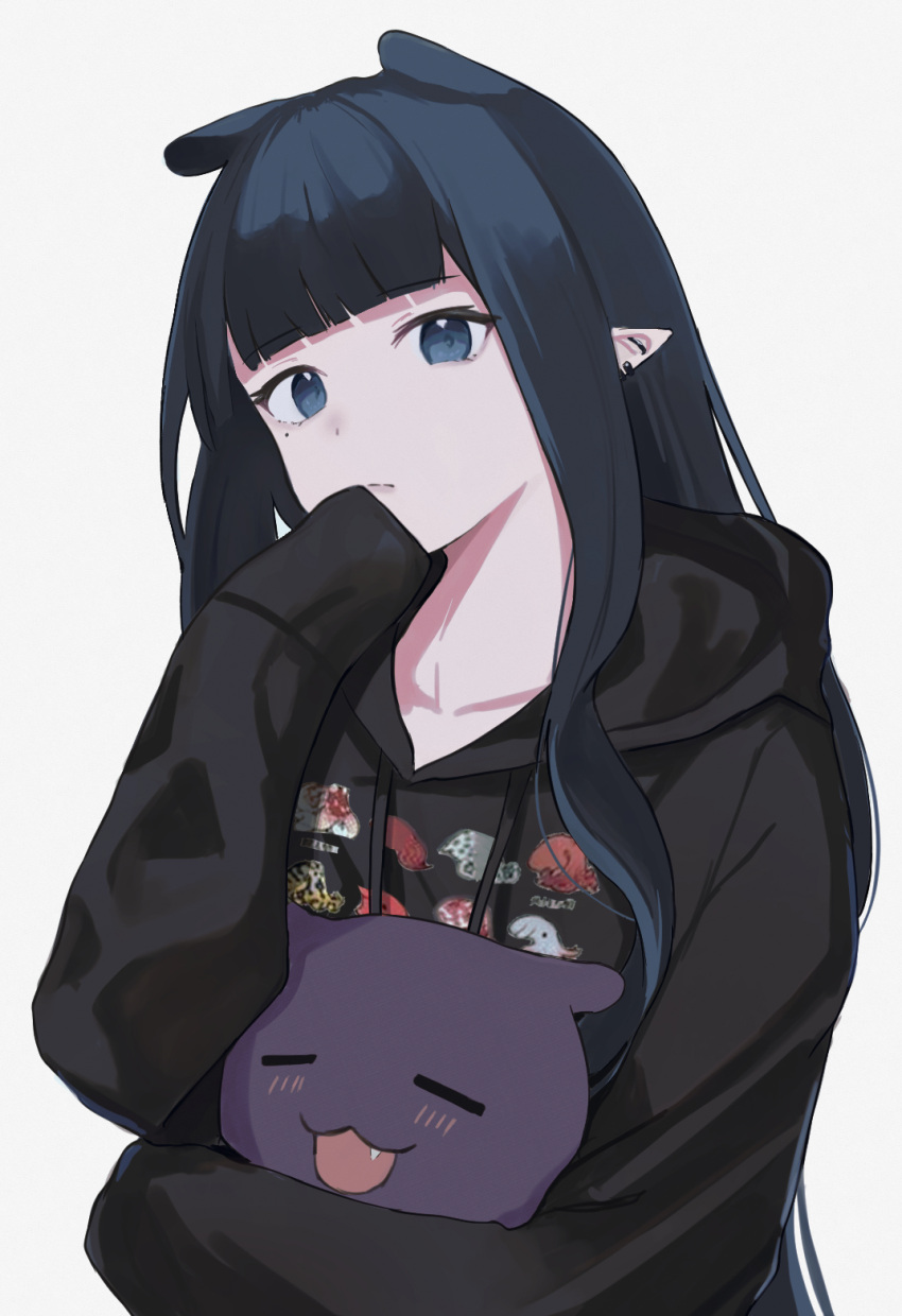 1girl black_eyes black_hair black_hoodie collarbone english_commentary fang frown grey_background hair_behind_ear head_tilt highres holding hololive hololive_english hood hoodie ku_roiko mole mole_under_eye ninomae_ina'nis pointy_ears portrait sleeves_past_fingers sleeves_past_wrists solo tako_(ninomae_ina'nis) virtual_youtuber