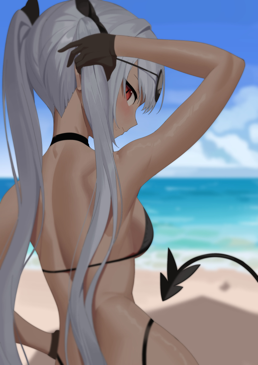 1girl absurdres arm_up back bare_shoulders beach bikini black_bikini black_gloves black_ribbon blue_archive blue_sky blurry blurry_background blush breasts closed_mouth dark-skinned_female dark_skin day depth_of_field eyewear_on_head from_behind gloves grey_hair hair_ribbon hand_on_hip highres iori_(blue_archive) long_hair looking_at_viewer looking_back medium_breasts ocean outdoors pointy_ears re-leaf red_eyes ribbon sideboob sky smile solo sunglasses swimsuit tail twintails upper_body very_long_hair water