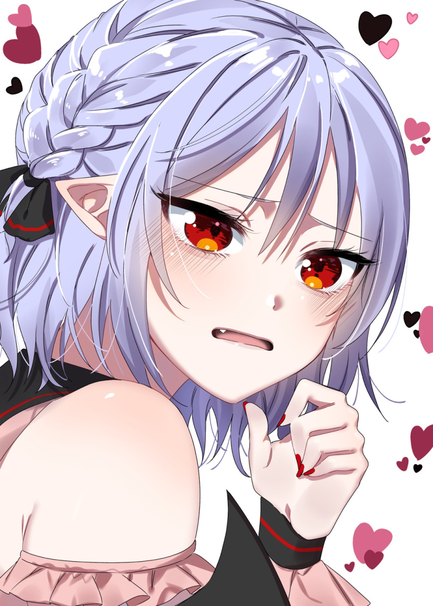 1girl bangs bare_shoulders bat_wings blue_hair blush braid censored eringi_(rmrafrn) eyebrows_visible_through_hair face fang fangs french_braid hair_between_eyes hair_ribbon hand_up heart heart_background heart_censor highres nail_polish no_hat no_headwear open_mouth pointy_ears red_eyes red_nails remilia_scarlet ribbon solo spoken_heart touhou upper_body white_background wings