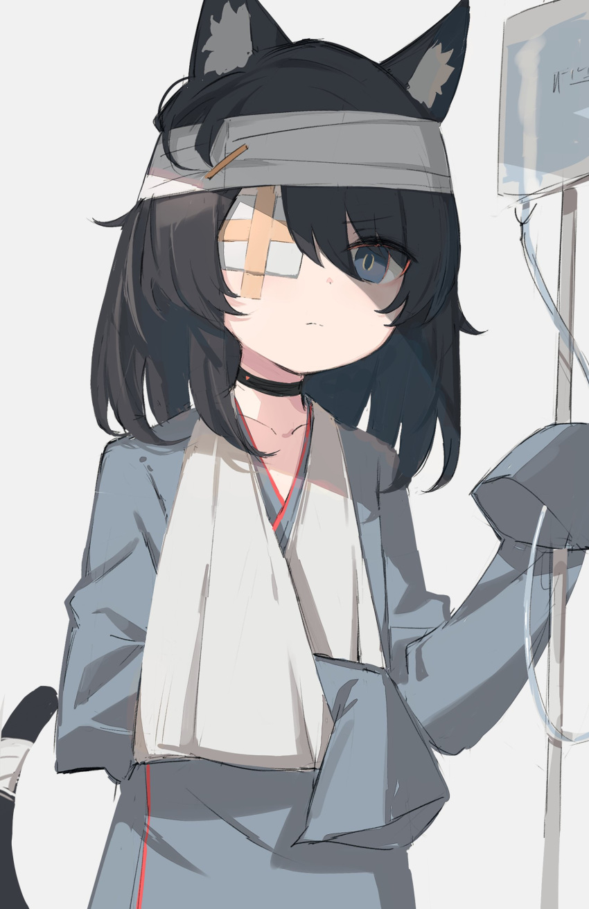 1girl absurdres animal_ears arm_sling bandage_over_one_eye bandaged_head bandages bandaid bandaid_on_face black_hair cat_ears cat_girl cat_tail frown gauze glaring highres hospital_gown intravenous_drip iv_stand messy_hair original satou_(3366_s) sketch sleeves_past_fingers sleeves_past_wrists tail