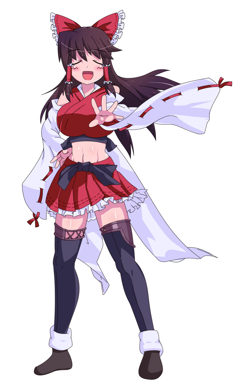 1girl absurdres bangs black_legwear bow breasts brown_hair closed_eyes commentary_request cookie_(touhou) cosplay crop_top derivative_work detached_sleeves eyebrows_visible_through_hair frilled_hair_tubes frilled_skirt frills full_body hair_bow hair_tubes hakurei_reimu highres kantai_collection kongou_(kancolle) kongou_(kancolle)_(cosplay) large_breasts long_hair midriff miniskirt navel noel_(cookie) open_mouth pleated_skirt red_bow red_skirt ribbon-trimmed_sleeves ribbon_trim sidelocks simple_background skirt smile solo standing sugigoke thigh-highs touhou transparent_background white_sleeves
