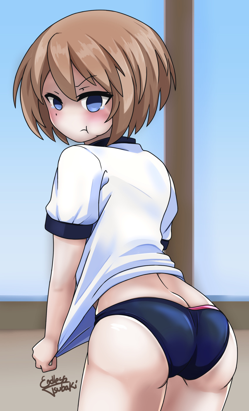 1girl absurdres alternate_costume ass black_panties blanc_(neptune_series) blue_eyes blush brown_hair butt_crack cowboy_shot embarrassed endlesstsubaki english_commentary from_behind frown gym_uniform highres indoors leaning_forward looking_at_viewer looking_back medium_hair midriff neptune_(series) panties pout shirt shirt_tug signature skin_tight skindentation solo sportswear tears thighs underwear white_shirt