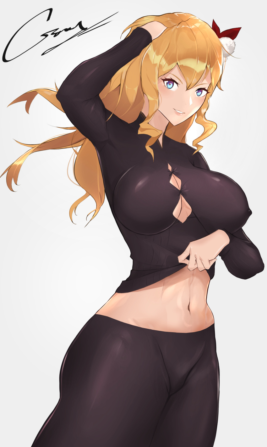 1girl abs artist_name bangs black_pants black_shirt blonde_hair blue_eyes breasts clothes_lift digi-crey eyebrows_visible_through_hair feet_out_of_frame girls_frontline hand_in_own_hair highres long_hair long_sleeves looking_at_viewer medium_breasts mosin-nagant_(girls'_frontline) navel open_mouth pants parted_lips shirt shirt_lift smile solo standing white_background