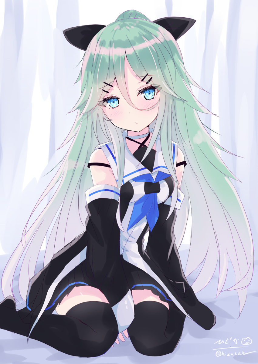 1girl absurdres bangs between_legs black_legwear black_ribbon black_serafuku black_skirt blue_neckerchief blue_ribbon breasts choker curtains detached_sleeves eyebrows_visible_through_hair green_eyes green_hair hair_between_eyes hair_flaps hair_ornament hair_ribbon hairclip highres hizaka indoors kantai_collection long_hair looking_at_viewer neckerchief parted_bangs pleated_skirt ponytail ribbon school_uniform serafuku sidelocks signature sitting skirt small_breasts solo thigh-highs twitter_username wariza white_choker wide_sleeves yamakaze_(kancolle) zettai_ryouiki