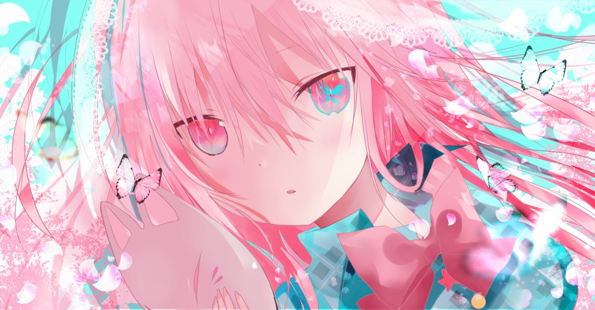1girl aqua_background aqua_butterfly aqua_shirt auroranokioku bow bowtie bug butterfly close-up collared_shirt commentary_request eyebrows_behind_hair face hair_between_eyes hata_no_kokoro highres looking_at_viewer open_mouth pink_bow pink_bowtie pink_butterfly pink_eyes pink_hair shirt solo touhou