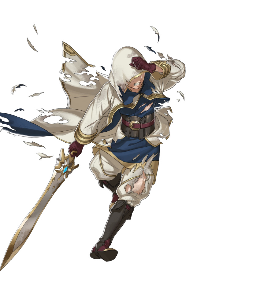 1boy arms_up belt boots brown_footwear brown_gloves clenched_hands clenched_teeth closed_mouth coat detached_sleeves faceless fire_emblem fire_emblem_heroes full_body gloves gold_trim highres holding holding_sword holding_weapon hood kiran_(fire_emblem) knee_boots leg_up long_coat long_sleeves looking_away male_focus non-web_source official_art pants parted_lips solo sword teeth torn_clothes torn_coat torn_pants transparent_background weapon white_coat white_pants