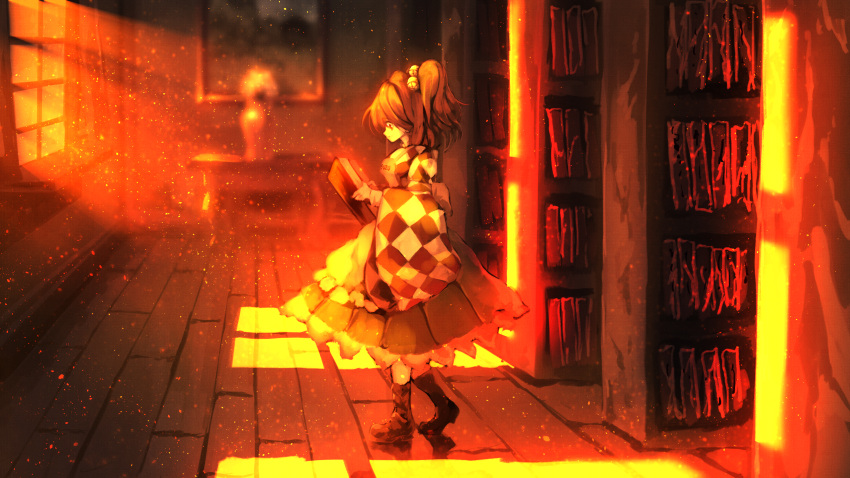 1girl apron blurry blurry_background book bookshelf checkered_clothes checkered_shirt closed_mouth commentary_request curtains depth_of_field flower_pot forbidden_scrollery frilled_apron frilled_skirt frills from_side full_body highres holding holding_book indoors library light_rays long_sleeves medium_hair motoori_kosuzu open_book orange_theme painting_(object) shirt shoes skirt socks solo sunnysideup table touhou twilight waist_apron walking wide_sleeves window wooden_floor
