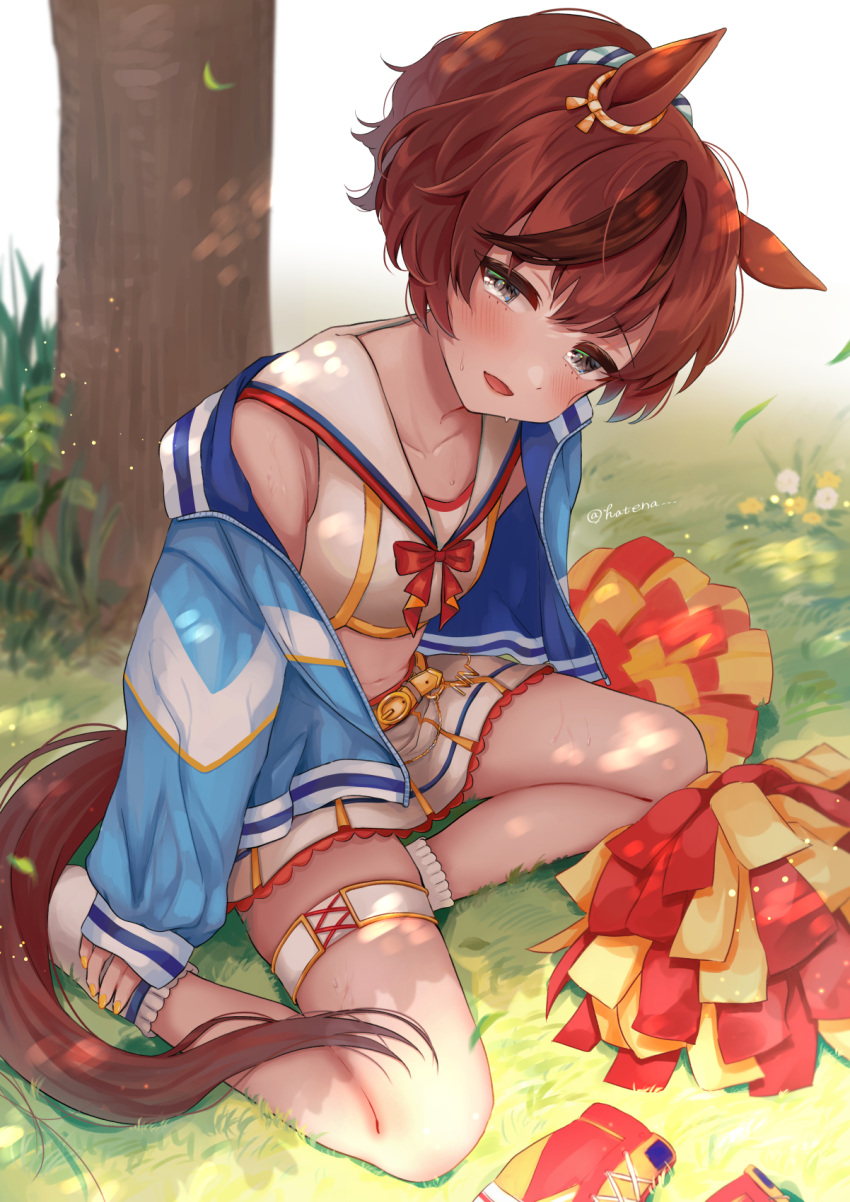 1girl :d animal_ears blue_jacket brown_eyes brown_hair commentary_request crop_top day flower highres horse_ears horse_girl horse_tail jacket long_sleeves masshirokachi midriff multicolored_hair nail_polish navel nice_nature_(run&amp;win)_(umamusume) nice_nature_(umamusume) no_shoes off_shoulder on_grass open_clothes open_jacket outdoors pom_pom_(cheerleading) ponytail puffy_long_sleeves puffy_sleeves red_footwear roar_yell!_tracen_academy_cheerleading_squad_(umamusume) shirt shoes shoes_removed sitting skirt sleeves_past_wrists smile socks solo streaked_hair sweat tail tree umamusume white_background white_flower white_legwear white_shirt white_skirt yellow_flower yellow_nails yokozuwari