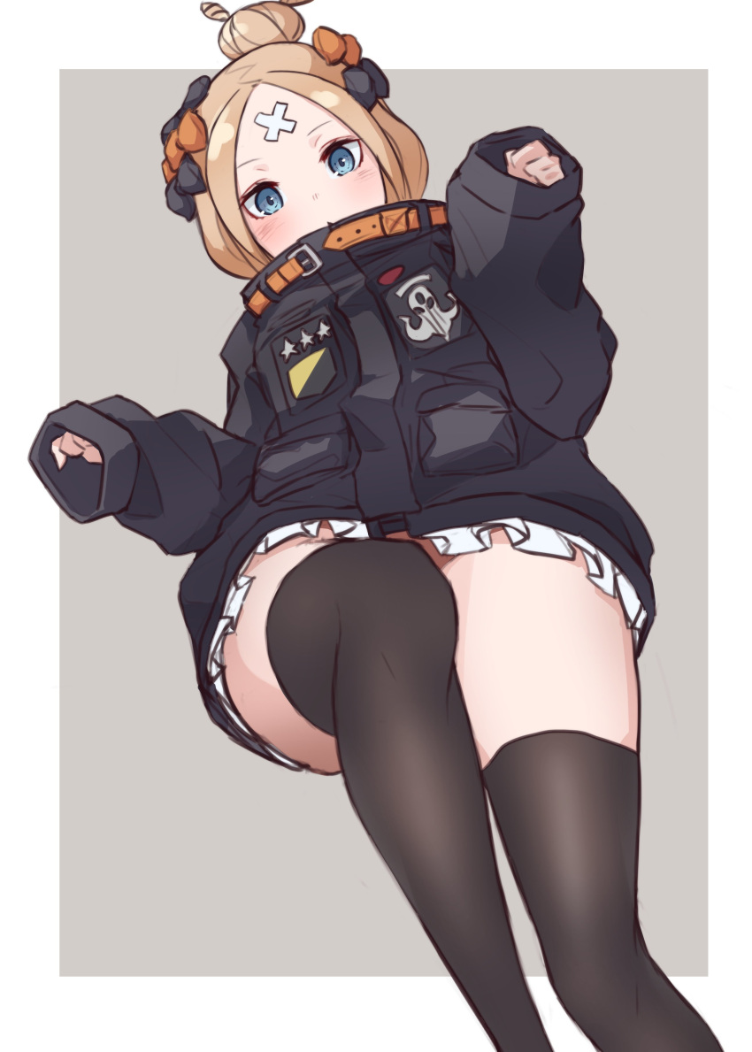 1girl abigail_williams_(fate) abigail_williams_(traveling_outfit)_(fate) absurdres bandaid bandaid_on_face bandaid_on_forehead bangs black_bow black_jacket blonde_hair blue_eyes blush bow crossed_bandaids fate/grand_order fate_(series) from_below hair_bow hair_bun highres jacket kopaka_(karda_nui) long_hair looking_at_viewer multiple_bows multiple_hair_bows official_alternate_costume orange_belt orange_bow parted_bangs sleeves_past_wrists solo thigh-highs two-tone_background