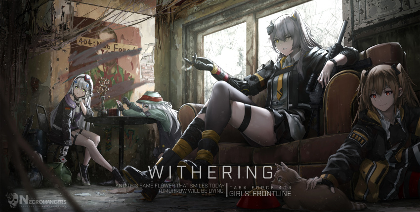 404_(girls'_frontline) 4girls absurdres black_gloves black_hairband black_jacket boots brown_hair card chinese_commentary cigarette collared_shirt dog english_commentary english_text eyebrows_visible_through_hair fingerless_gloves g11_(girls'_frontline) girls_frontline gloves green_eyes green_headwear h&amp;k_ump45 hair_ornament hairband hat highres hk416_(girls'_frontline) jacket long_hair lu_(pixiv20967832) mechanical_arms mini_hat mixed-language_commentary mod3_(girls'_frontline) multiple_girls necktie one_side_up orange_eyes orange_hair playing_card scar scar_across_eye shirt single_glove single_leg_pantyhose single_mechanical_arm teardrop_facial_mark teardrop_tattoo twintails ump45_(girls'_frontline) ump9_(girls'_frontline) white_gloves white_hair white_shirt x_hair_ornament yellow_eyes