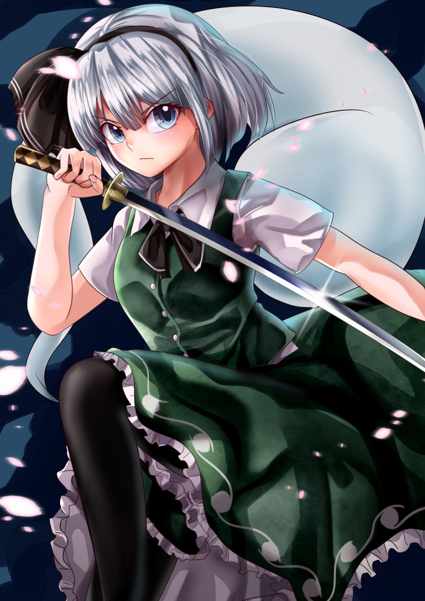 1girl absurdres bangs black_hairband black_legwear blue_background blue_eyes blunt_bangs breasts closed_mouth collared_shirt commentary_request eyebrows_behind_hair feet_out_of_frame frilled_skirt frills frown green_skirt green_vest grey_hair hair_between_eyes hairband highres hitodama hitodama_print holding holding_sword holding_weapon katana konpaku_youmu looking_at_viewer maboroshi_mochi pantyhose petals shiny shiny_hair shirt short_hair short_sleeves skirt skirt_set small_breasts solo sword touhou v-shaped_eyebrows vest weapon white_shirt