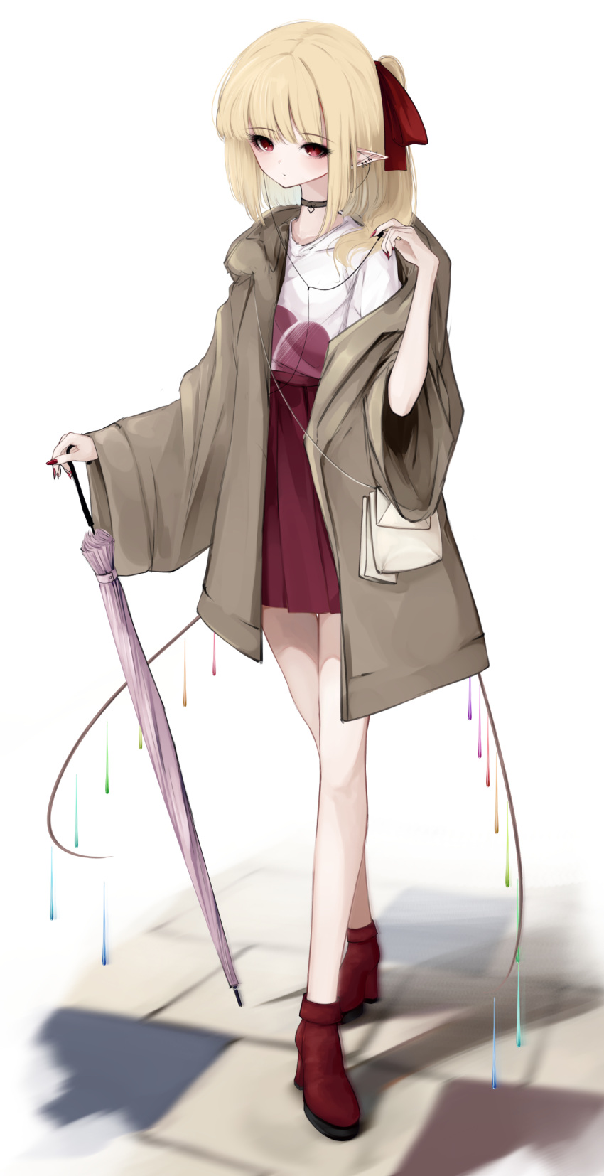 1girl absurdres bangs bare_legs black_choker blonde_hair blunt_bangs blush casual choker closed_mouth closed_umbrella commentary contemporary crystal ear_piercing earphones expressionless fingernails flandre_scarlet full_body grey_jacket hair_ribbon heart heart_choker high_heels highres holding holding_umbrella jacket long_sleeves looking_at_viewer medium_hair mizuhichi nail_polish piercing pleated_skirt pointy_ears ponytail red_eyes red_footwear red_nails red_ribbon red_skirt ribbon shirt skirt solo touhou umbrella white_shirt wide_sleeves wings