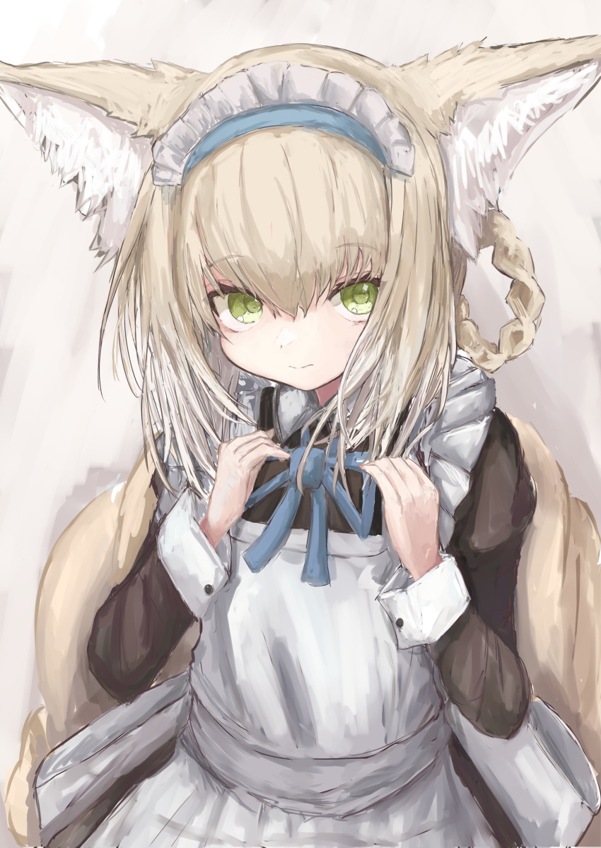 1girl absurdres adjusting_neck_ribbon alternate_costume animal_ears arknights black_dress blonde_hair blue_hairband blue_ribbon braid dress enmaided fox_ears fox_tail green_eyes grey_background hairband hands_up highres kitsune long_hair long_sleeves maid maid_headdress neck_ribbon piennamekuzi ribbon simple_background solo suzuran_(arknights) tail upper_body