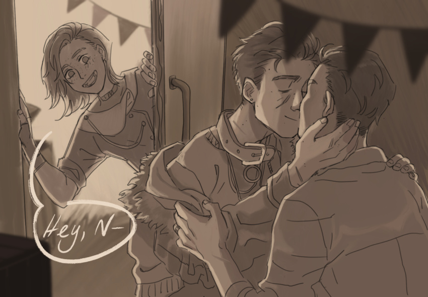 1girl 2boys bunting capella collar decorations embrace freckles greyscale hand_on_face interrupted khan lavendar_wedding magicky-hands marriage mistress_(pathologic) notkin pathologic pathologic_2 sketch termites wedding yaoi