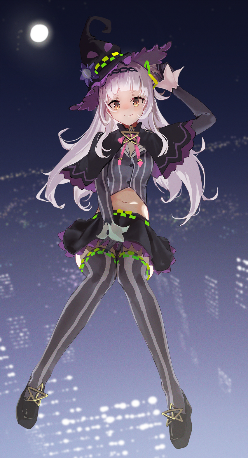 1girl absurdres bangs blunt_bangs capelet city_lights cityscape gloves grey_hair hairband hat highres hololive long_hair mary_janes midriff miniskirt moon murasaki_shion navel nixin404 orange_eyes shoes skirt smile solo striped striped_legwear thigh-highs virtual_youtuber witch_hat zettai_ryouiki