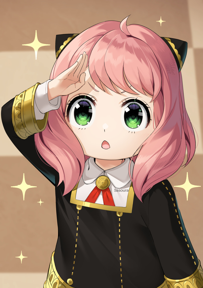 1girl :o absurdres anya_(spy_x_family) artist_name checkered_floor commentary eden_academy_uniform english_commentary green_eyes hair_ornament highres long_hair long_sleeves looking_at_viewer open_mouth pink_hair salute sasoura school_uniform solo sparkle spy_x_family