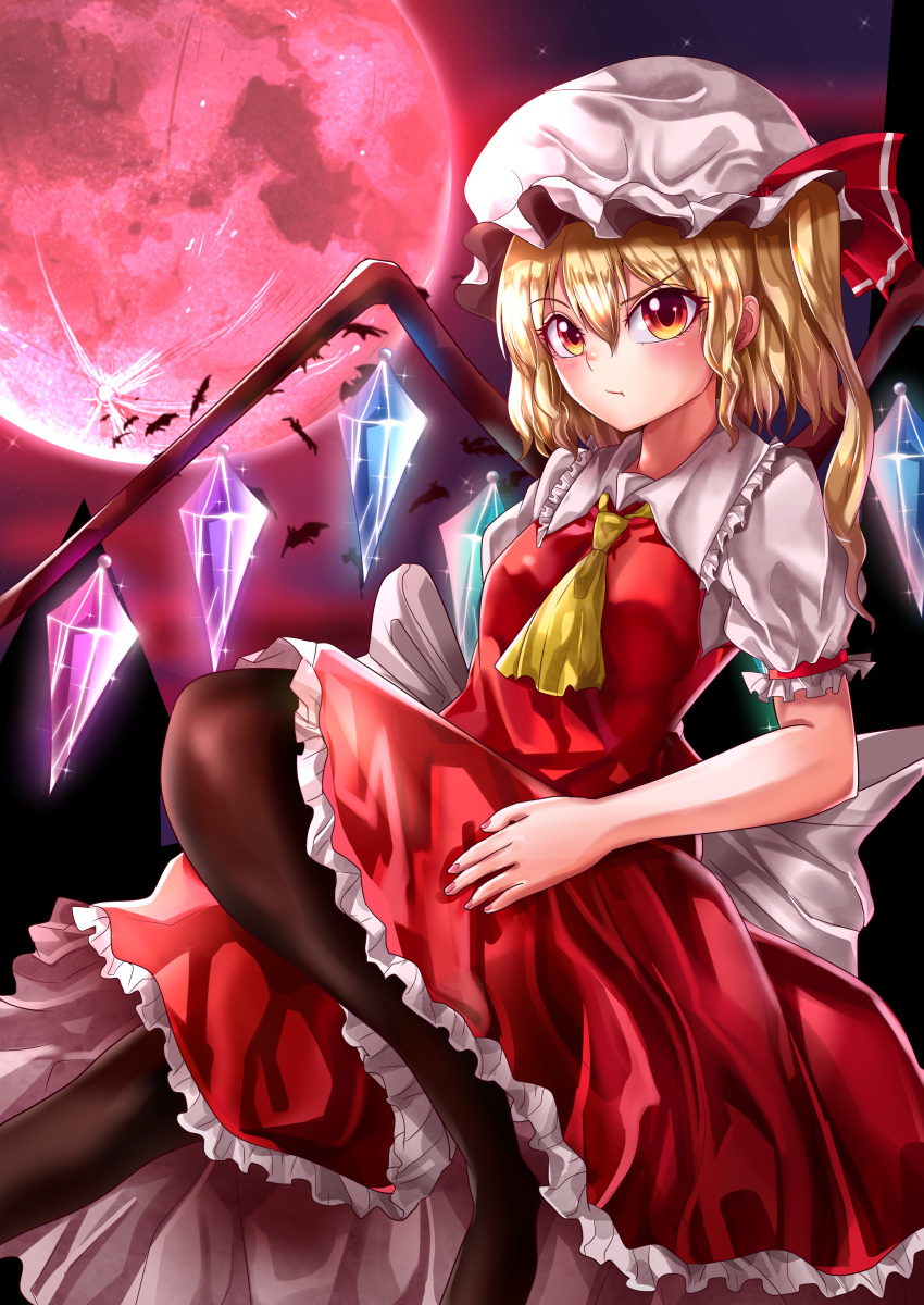 1girl absurdres ascot back_bow bat black_legwear blonde_hair bow breasts closed_mouth commentary_request crystal eyebrows_behind_hair flandre_scarlet foot_out_of_frame frilled_shirt_collar frilled_skirt frilled_sleeves frills hat hat_ribbon highres maboroshi_mochi medium_hair mob_cap moon multicolored_wings nail_polish no_shoes orange_eyes outdoors pantyhose pink_nails pout puffy_short_sleeves puffy_sleeves purple_sky red_moon red_ribbon red_skirt red_vest ribbon shiny shiny_hair shirt short_sleeves side_ponytail skirt small_breasts solo touhou v-shaped_eyebrows vest white_bow white_headwear white_shirt wings yellow_ascot