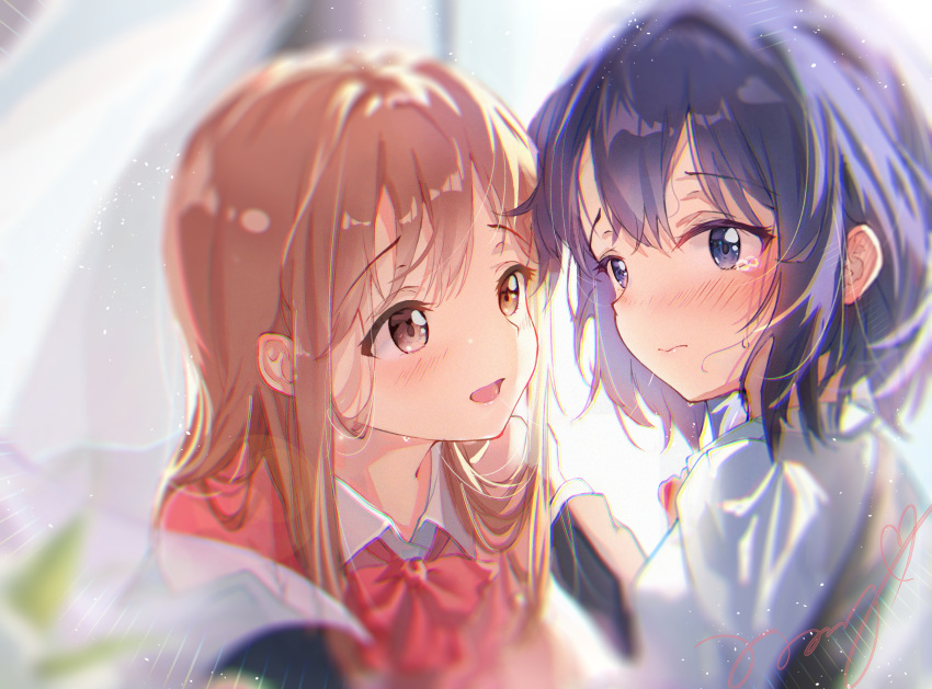 2girls adachi_sakura adachi_to_shimamura bangs blue_eyes blue_hair blurry blurry_background blurry_foreground blush bow brown_hair closed_mouth collared_shirt commentary_request depth_of_field embarrassed eyebrows_visible_through_hair hand_on_another's_shoulder highres hzs_yumu indoors long_hair long_sleeves looking_at_another looking_away multiple_girls open_mouth red_bow school_uniform shimamura_hougetsu shirt short_hair sidelocks white_shirt yuri