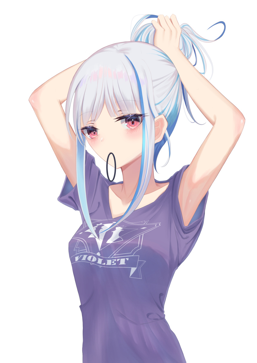 1girl absurdres armpits arms_up bangs bare_arms eyebrows_visible_through_hair haru_(haru83380282) highres lize_helesta long_hair mouth_hold nijisanji ponytail print_shirt purple_shirt red_eyes shirt short_sleeves sidelocks simple_background solo tying_hair upper_body virtual_youtuber white_background white_hair