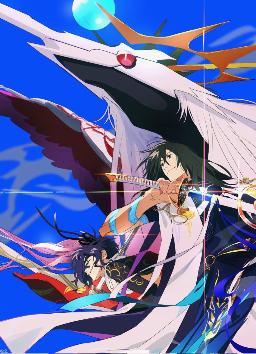 2boys alternate_costume arm_tattoo bangs black_hair blue_background closed_mouth dragon drawing_sword fate/grand_order fate_(series) feet_out_of_frame hadanugi_dousa hair_over_one_eye highres holding holding_sword holding_weapon horns japanese_clothes katana kimono long_hair looking_away multiple_boys okada_izou_(fate) okada_izou_(third_ascension)_(fate) oryou_(fate) oryou_(lancer)_(fate) over_shoulder pectorals pirohi_(pirohi214) ponytail purple_hair red_eyes sakamoto_ryouma_(fate) sakamoto_ryouma_(lancer)_(fate) scarf shrug_(clothing) simple_background smile solo sword sword_over_shoulder tattoo teeth upper_teeth very_long_hair weapon weapon_over_shoulder white_fur wings yellow_eyes