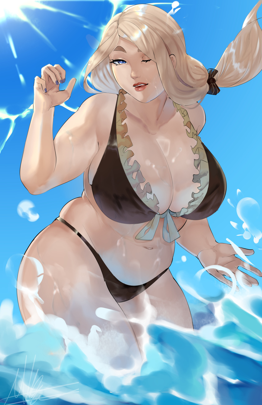 absurdres alternate_costume bikini blonde_hair breasts fire_emblem fire_emblem:_three_houses highres large_breasts lips mercedes_von_martritz michael_lavacca one_eye_closed plump ponytail swimsuit thighs water