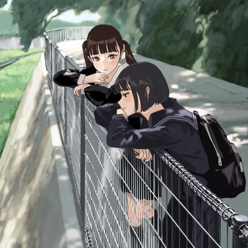 2girls backpack bag bangs black_dress black_eyes black_hair blunt_bangs blurry blurry_background bob_cut brown_hair crossed_arms dress fence head_rest highres hiramedousa looking_at_another looking_down multiple_girls nature original outdoors parted_lips school_uniform serafuku short_hair standing twintails