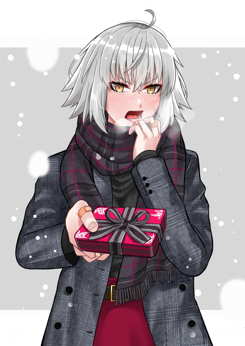 1girl absurdres ahoge alternate_costume bandaid bandaid_on_hand bangs black_sweater blush box coat cowboy_shot crossed_bangs fate/grand_order fate_(series) gift gift_box grey_coat grey_hair hair_between_eyes highres jeanne_d'arc_alter_(fate) letterboxed looking_at_viewer medium_hair outside_border plaid plaid_scarf red_skirt scarf skirt snow solo sweater teeth tomotomow00w tongue valentine winter