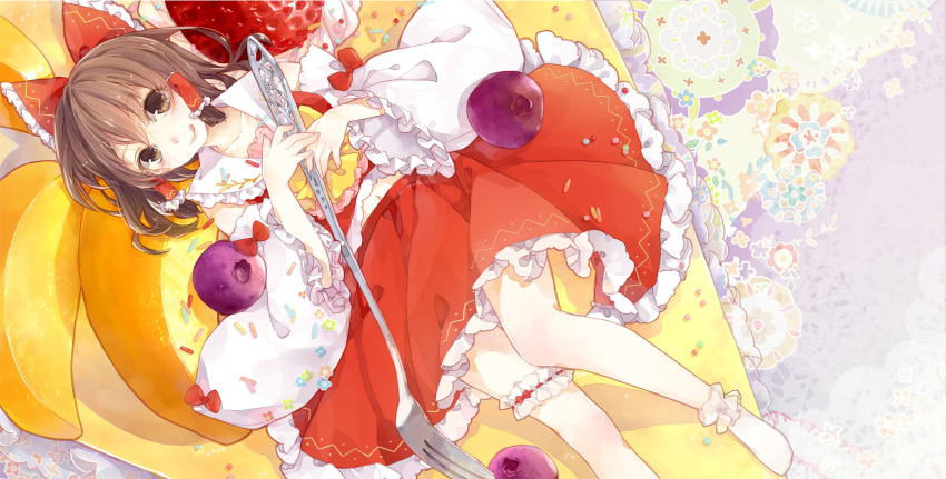 1girl absurdres ascot bare_shoulders bobby_socks bow brown_eyes brown_hair cake closed_mouth collared_vest detached_sleeves feet_out_of_frame food fork frilled_ascot frilled_skirt frilled_sleeves frills fruit full_body hair_bow hakurei_reimu highres holding long_sleeves looking_at_viewer lying medium_hair midriff minigirl navel no_socks on_back red_bow red_skirt red_vest skirt smile socks solo strawberry thigh_strap tongue tongue_out touhou tsukimiya_kamiko vest white_legwear white_sleeves wide_sleeves yellow_ascot