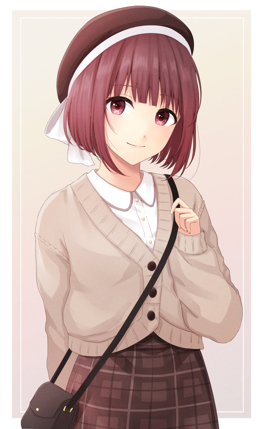 1girl arima_kana arm_behind_back bag bangs blouse blunt_bangs blush bob_cut bow breasts brown_cardigan brown_eyes brown_hair brown_skirt cardigan carrying_bag closed_mouth collared_shirt cowboy_shot eyebrows_visible_through_hair handbag hat hat_bow highres holding holding_bag long_sleeves looking_at_viewer oshi_no_ko over_shoulder plaid plaid_skirt shirt short_hair simple_background skirt small_breasts smile solo white_shirt yahiro_(ya_hiro)