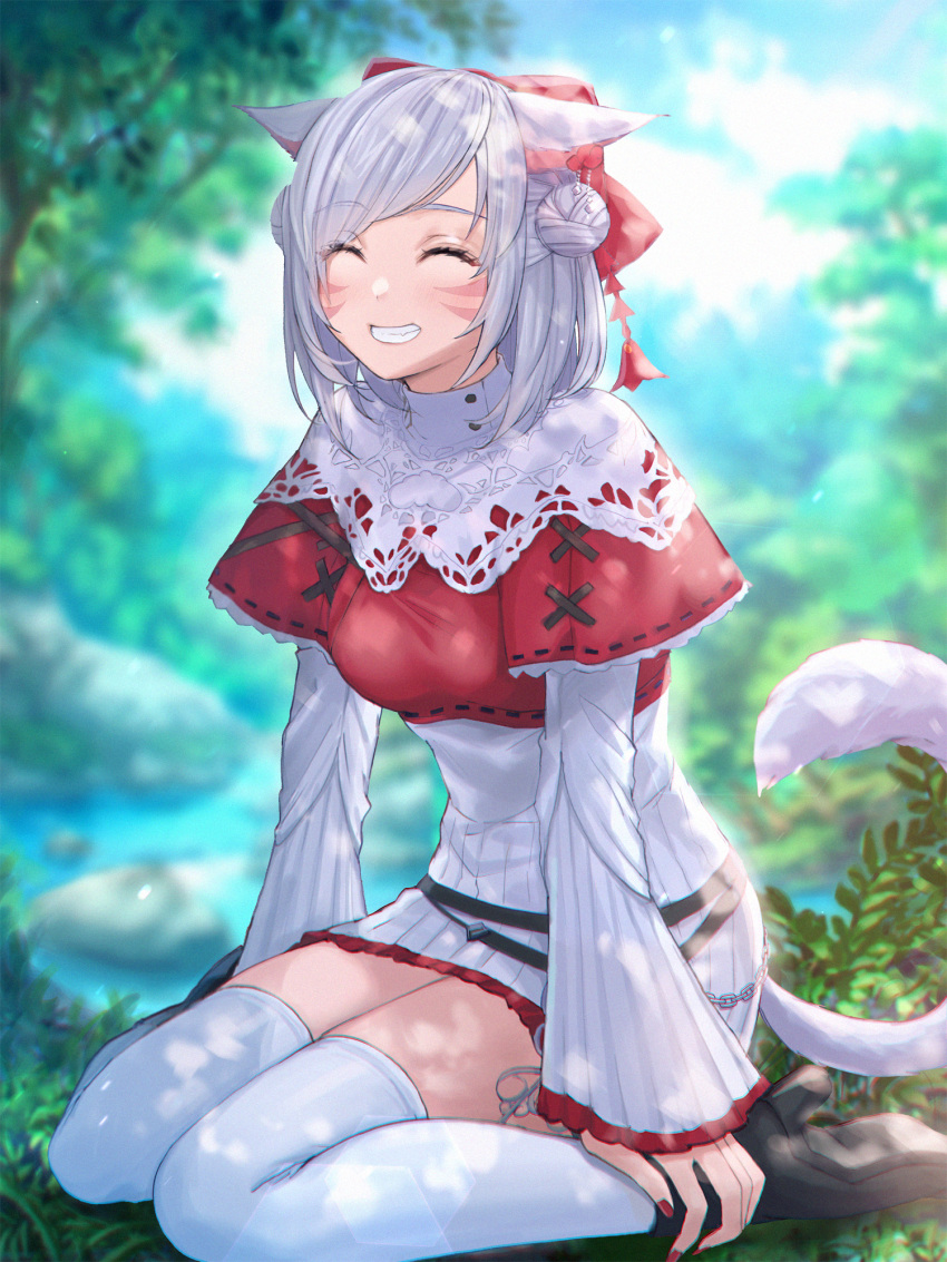 1girl animal_ears avatar_(ff14) bangs blurry blurry_background bow breasts cat_ears cat_tail closed_eyes commission day double_bun eyebrows_visible_through_hair facial_mark final_fantasy final_fantasy_xiv green_hair hair_bow highres medium_breasts miqo'te mirukurim outdoors parted_bangs short_hair sitting skeb_commission smile solo tail teeth thigh-highs wariza whisker_markings white_legwear