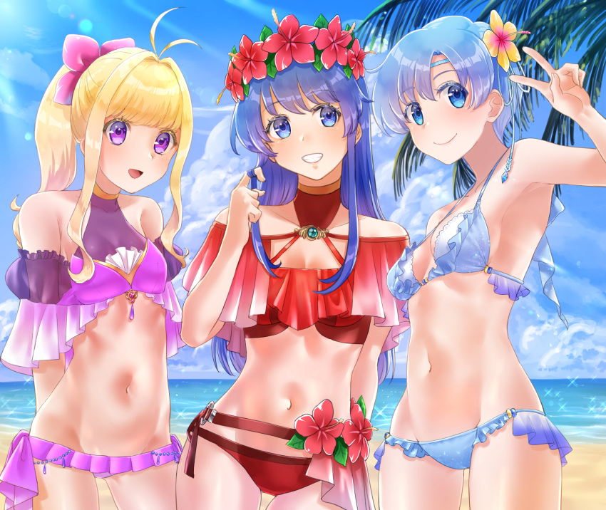 3girls alternate_costume beach blonde_hair blue_eyes blue_hair breasts clarine_(fire_emblem) fire_emblem fire_emblem:_the_binding_blade flower highres light_blue_eyes lilina_(fire_emblem) multiple_girls ocean shanna_(fire_emblem) short_hair small_breasts smile swimsuit tsukimura_(d24f4z8j3t) violet_eyes