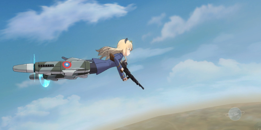 1girl animal_ears aohashi_ame blonde_hair blue_jacket blue_sky cat_ears cat_tail clouds curved_horizon flying_sweatdrops glasses gun highres jacket long_hair machine_gun pantyhose perrine_h._clostermann sky solo strike_witches striker_unit tail weapon world_witches_series yellow_eyes
