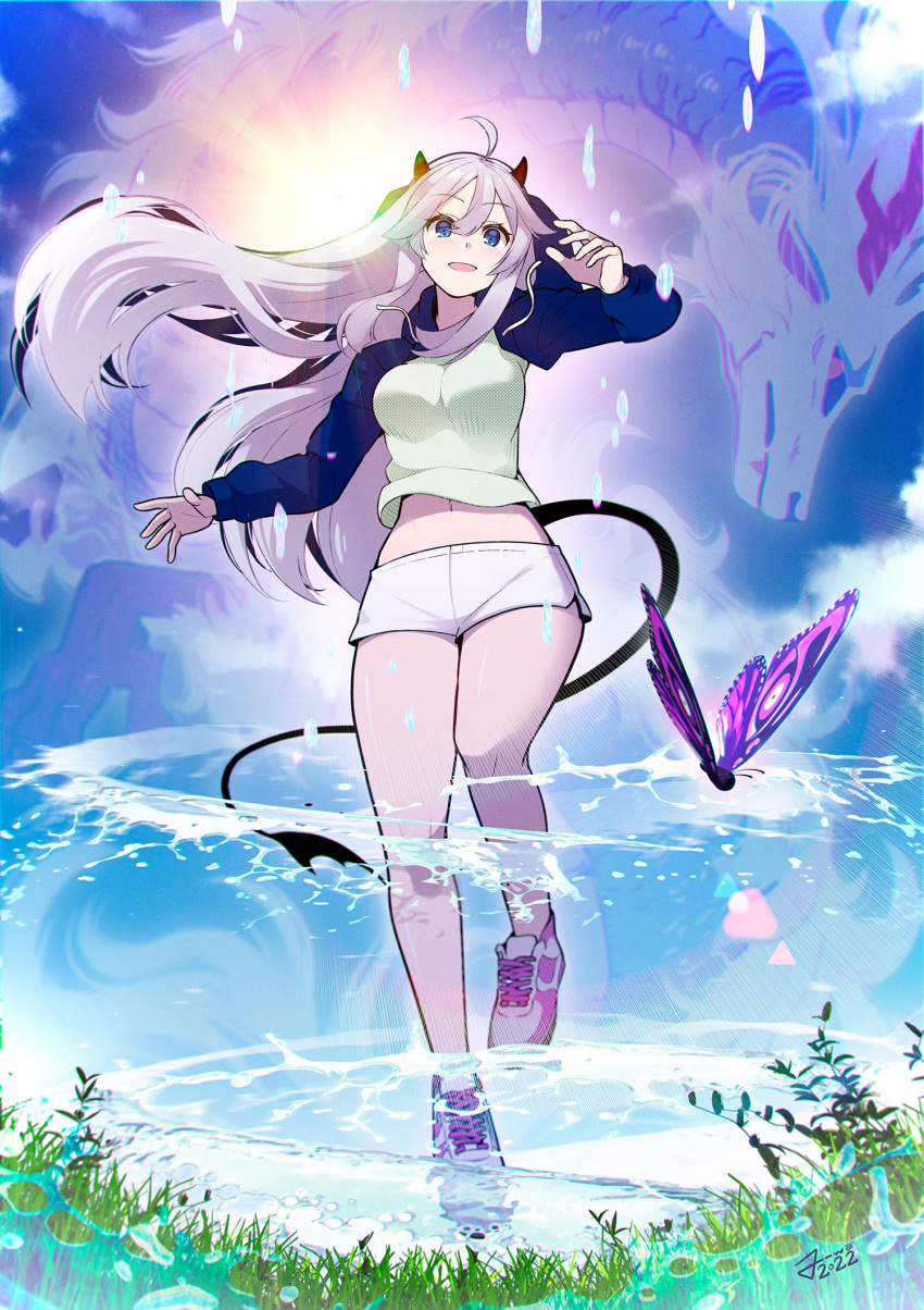 1girl blue_eyes breasts bug butterfly clouds dragon english_commentary eyebrows_visible_through_hair floating_hair grass green_shirt grey_hair highres jowa long_hair medium_breasts navel official_art open_mouth shirt shoes shorts sky smile sneakers solo tail vei_(vtuber) virtual_youtuber vshojo white_footwear white_shorts