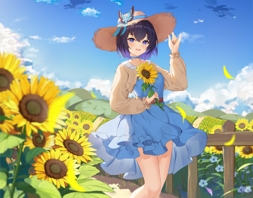 1girl absurdres bangs blue_choker blue_dress blue_eyes blue_ribbon blue_sky blush brown_headwear choker clouds day dress eyebrows_visible_through_hair field flower flower_field frilled_sleeves frills hair_between_eyes hand_on_headwear hat hat_ribbon highres holding holding_flower honkai_(series) honkai_impact_3rd long_sleeves looking_at_viewer outdoors petals purple_hair ribbon seele_vollerei short_hair sky solo standing sun_hat sunlight takeawatch thigh-highs two_side_up yellow_flower