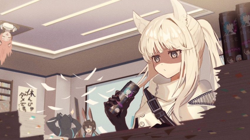 1other 3girls :d amiya_(arknights) animal_ear_fluff animal_ears arknights arms_up bangs black_coat black_gloves blonde_hair blue_eyes blunt_bangs bright_pupils brown_eyes brown_hair can closed_eyes closed_mouth coat commission doctor_(arknights) gloves gravel_(arknights) high_collar highres horse_ears indoors long_hair long_sleeves multiple_girls paper_stack pink_hair platinum_(arknights) pointy_ears ponytail rabbit_ears shaded_face siblings sisters skeb_commission smile soda_can sparkle through_ceiling translation_request upper_body upside-down v-shaped_eyebrows yuki_ahiru