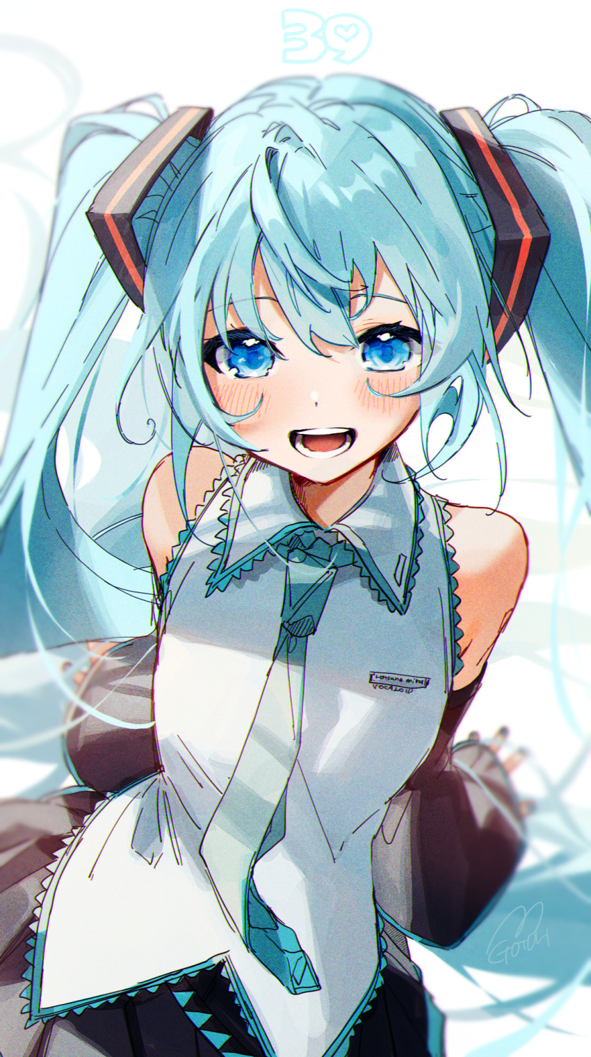1girl 39 :d arms_behind_back bangs bare_shoulders black_skirt blue_eyes blue_hair blue_necktie blurry blush character_name commentary_request depth_of_field detached_sleeves eyebrows_visible_through_hair gotoh510 hair_between_eyes happy hatsune_miku heart highres long_hair long_sleeves looking_at_viewer nail_polish necktie open_mouth pleated_skirt shirt simple_background skirt sleeveless sleeveless_shirt sleeves_past_wrists smile solo teeth twintails upper_body very_long_hair vocaloid white_background white_shirt wide_sleeves wing_collar