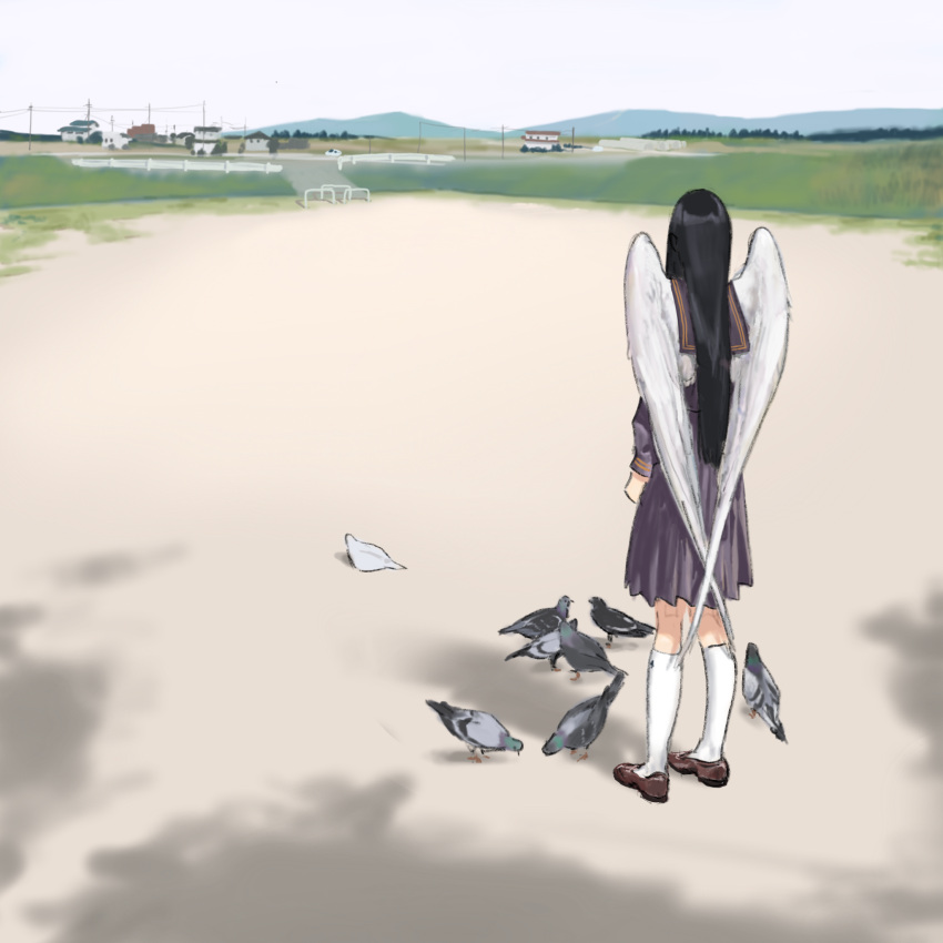 1girl angel_wings bird black_hair brown_hair commentary_request from_behind full_body highres hiramedousa house kneehighs loafers long_hair original outdoors pigeon pleated_skirt school_uniform serafuku shoes skirt solo standing thigh-highs very_long_hair white_legwear white_wings wings