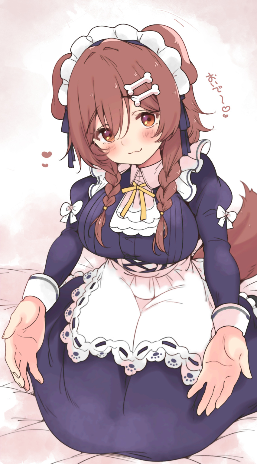 1girl :3 alternate_costume animal_ears apron bangs blush bone_hair_ornament braid breasts brown_eyes brown_hair commentary_request dog_ears dog_girl dog_tail enmaided eyebrows_visible_through_hair frills hair_between_eyes hair_ornament hair_over_shoulder hairclip highres hololive inugami_korone large_breasts long_hair looking_at_viewer low_twin_braids maid maid_apron maid_headdress outstretched_hand seiza side_braids sitting skirt smile solo suzuki_toto tail translation_request twin_braids virtual_youtuber