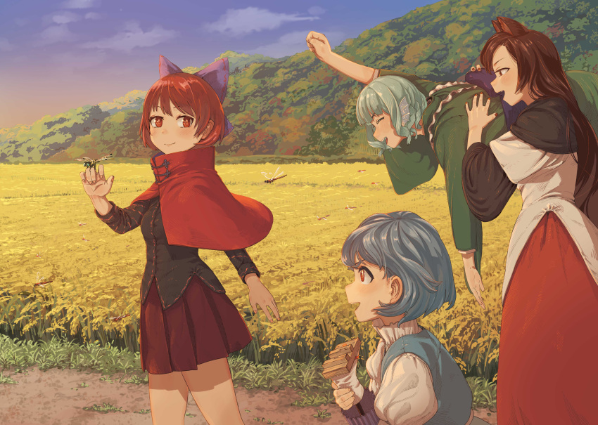 4girls :d absurdres animal_ears aqua_hair arm_up bangs black_shirt blue_bow blue_hair blue_vest blush bow breasts brown_eyes brown_hair bug capelet carrying_over_shoulder closed_eyes closed_mouth clouds dragonfly feet_out_of_frame frills gradient_sky grass green_kimono hair_behind_ear hair_bow hand_up head_fins highres holding holding_umbrella imaizumi_kagerou japanese_clothes juliet_sleeves kimono long_hair long_sleeves looking_at_another looking_at_viewer looking_back medium_breasts misohagi multiple_girls nail_polish open_mouth outdoors pleated_skirt profile puffy_sleeves red_capelet red_eyes red_nails red_skirt redhead sekibanki shirt short_hair skirt sky sleeves_past_elbows smile tatara_kogasa touhou twilight umbrella very_long_hair vest wakasagihime wide_sleeves wolf_ears