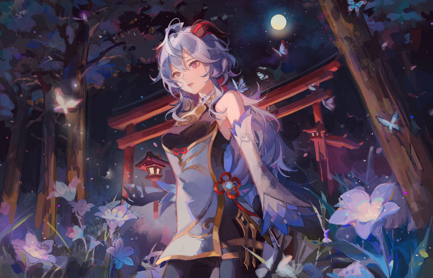 1girl absurdres ahoge bangs bare_shoulders bell blue_butterfly blue_hair bodice bodystocking breasts bug butterfly detached_sleeves flower flower_knot forest full_moon ganyu_(genshin_impact) genshin_impact gold_trim highres horns long_hair moon nature night night_sky outdoors parted_lips sky solo tassel teeth thighlet tree violet_eyes zerotabi1210