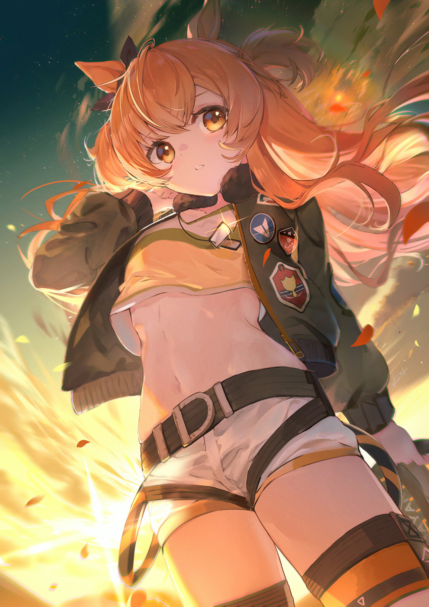 1girl animal_ears black_ribbon clouds dog_tags ear_ribbon elise_(piclic) green_jacket highres horse_ears horse_girl jacket long_hair looking_at_viewer mayano_top_gun_(umamusume) midriff navel orange_eyes orange_hair orange_legwear ribbon shorts sky solo striped striped_legwear thighs two_side_up umamusume white_shorts wind