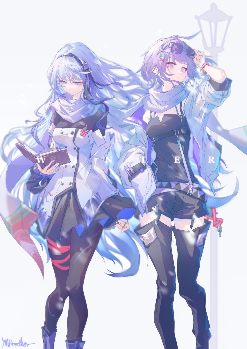 2girls absurdres artist_name bangs black_legwear black_shirt black_shorts black_skirt blue_eyes blue_hair book bracelet chinese_commentary closed_mouth dress eyebrows_visible_through_hair eyewear_on_head fagun_yibei feet_out_of_frame fresnel_(girls'_frontline_nc) girls'_frontline_neural_cloud girls_frontline hair_ornament hairband hairclip hand_on_eyewear highres holding holding_book hubble_(girls'_frontline_nc) jacket jewelry long_hair looking_at_viewer looking_down multicolored_hair multiple_girls open_clothes open_jacket pantyhose purple_hair scarf shirt short_hair shorts simple_background skirt smile standing streaked_hair sunglasses thigh-highs violet_eyes white_dress white_jacket white_scarf winter