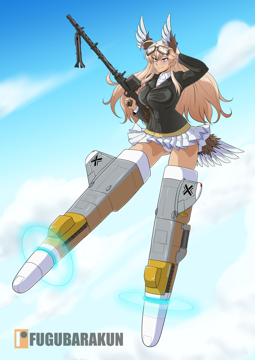 1girl absurdres ahoge ass_visible_through_thighs bird_tail black_jacket blonde_hair blue_eyes blue_sky breasts clouds flying fugubarakun goggles goggles_on_head gun hanna-justina_marseille head_wings highres jacket large_breasts long_hair machine_gun mg34 panties pleated_skirt shirt skirt sky solo strike_witches striker_unit tail thighs underwear weapon white_panties white_shirt white_skirt world_witches_series