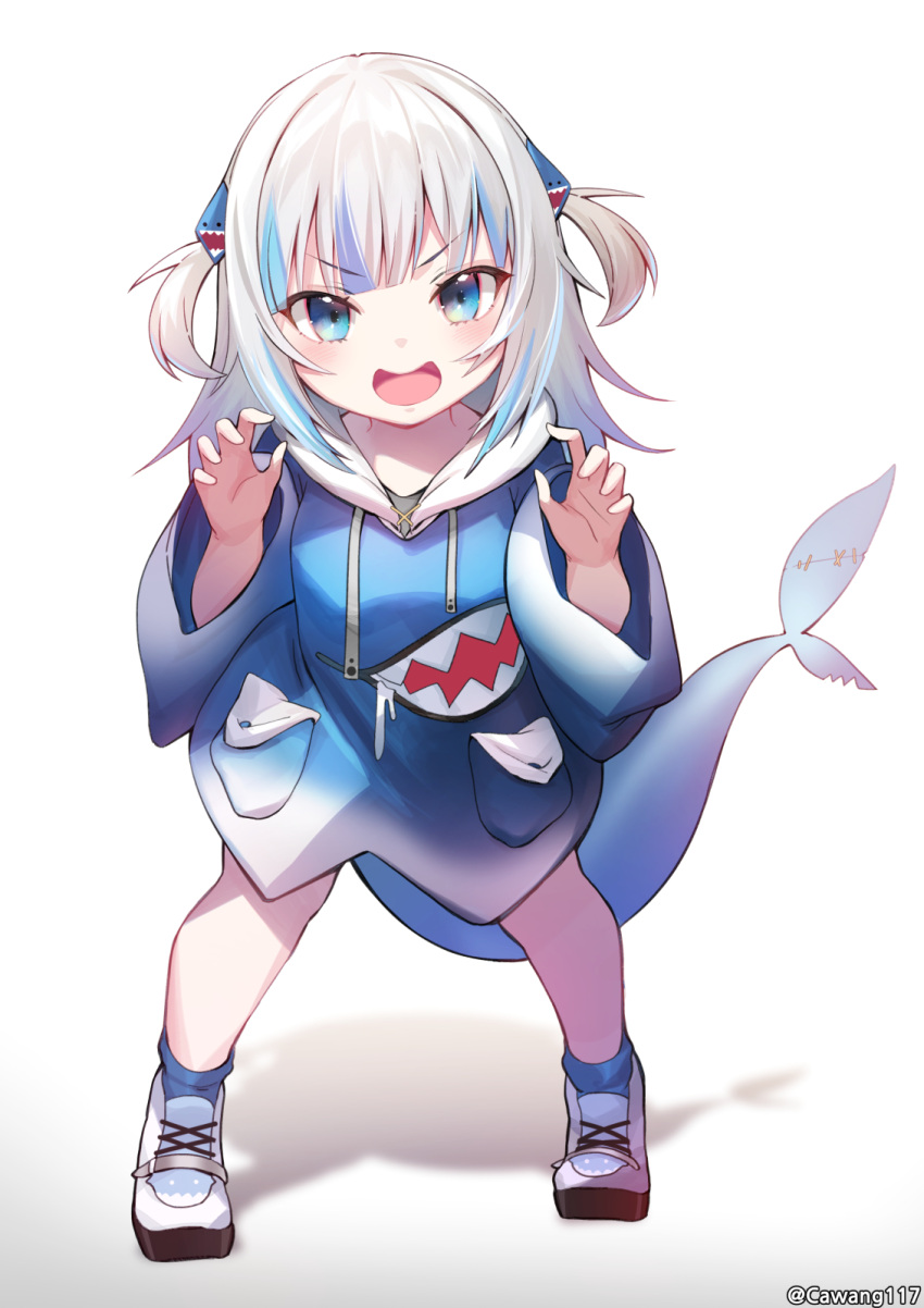 1girl :d blue_eyes blue_hair blue_jacket cawang eyebrows_visible_through_hair fish_tail full_body gawr_gura highres hololive hololive_english jacket long_sleeves looking_at_viewer multicolored_hair open_mouth shadow shark_tail shoes short_hair simple_background smile solo standing tail twitter_username two-tone_hair two_side_up virtual_youtuber white_background white_footwear white_hair