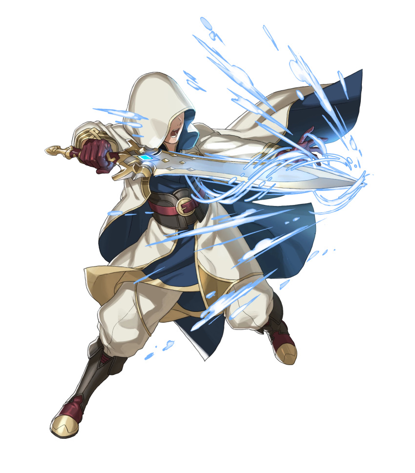 1boy belt boots brown_footwear brown_gloves clenched_hands closed_mouth coat detached_sleeves faceless fire_emblem fire_emblem_heroes full_body gloves gold_trim hands_up highres holding holding_sword holding_weapon hood kiran_(fire_emblem) knee_boots long_coat long_sleeves male_focus non-web_source official_art open_clothes pants solo sword transparent_background weapon white_coat white_pants
