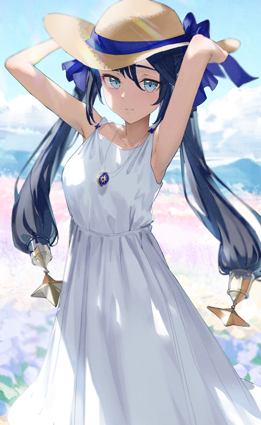 1girl absurdres alternate_costume armpits arms_up asymmetrical_bangs bangs bow collarbone dress field flower flower_field genshin_impact green_eyes hair_ornament hair_ribbon hands_on_headwear hat hat_bow highres jewelry looking_at_viewer mona_(genshin_impact) necklace outdoors ribbon sleeveless sleeveless_dress solo star_(symbol) star_hair_ornament sun_hat sundress twintails white_dress xkirara39x