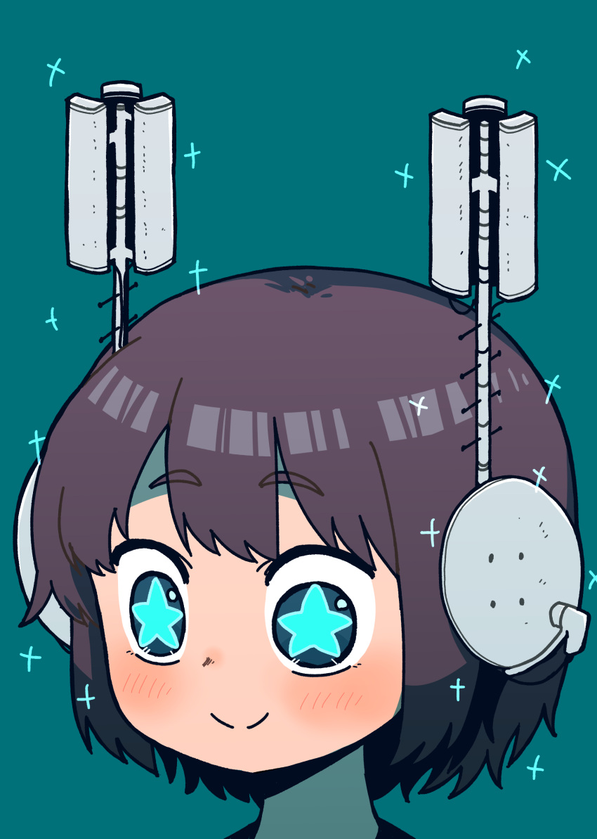 1girl absurdres bangs blue_background blue_eyes blush brown_hair c: closed_mouth copyright_request head highres radio_antenna short_hair simple_background smile solo sparkle star-shaped_pupils star_(symbol) symbol-shaped_pupils takurada
