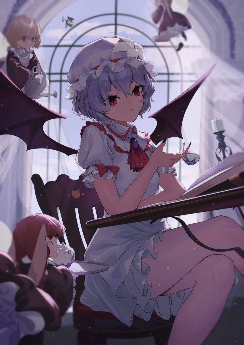 5girls :/ absurdres apron ascot bat_wings black_dress black_nails blonde_hair blue_hair book brooch broom broom_riding candlestand chair closed_mouth clouds collared_dress commentary crossed_legs cup day dress fairy_maid_(touhou) fairy_wings fang fingernails flying fuwafuwa4560 hair_between_eyes hat highres holding holding_cup holding_plate holding_watering_can jewelry kirisame_marisa long_hair looking_at_object looking_down maid_apron mob_cap multiple_girls nail_polish on_chair open_book plate puffy_short_sleeves puffy_sleeves red_ascot red_eyes redhead remilia_scarlet short_hair short_sleeves sitting sky slit_pupils table teacup teapot touhou watering_can white_dress white_headwear window wings
