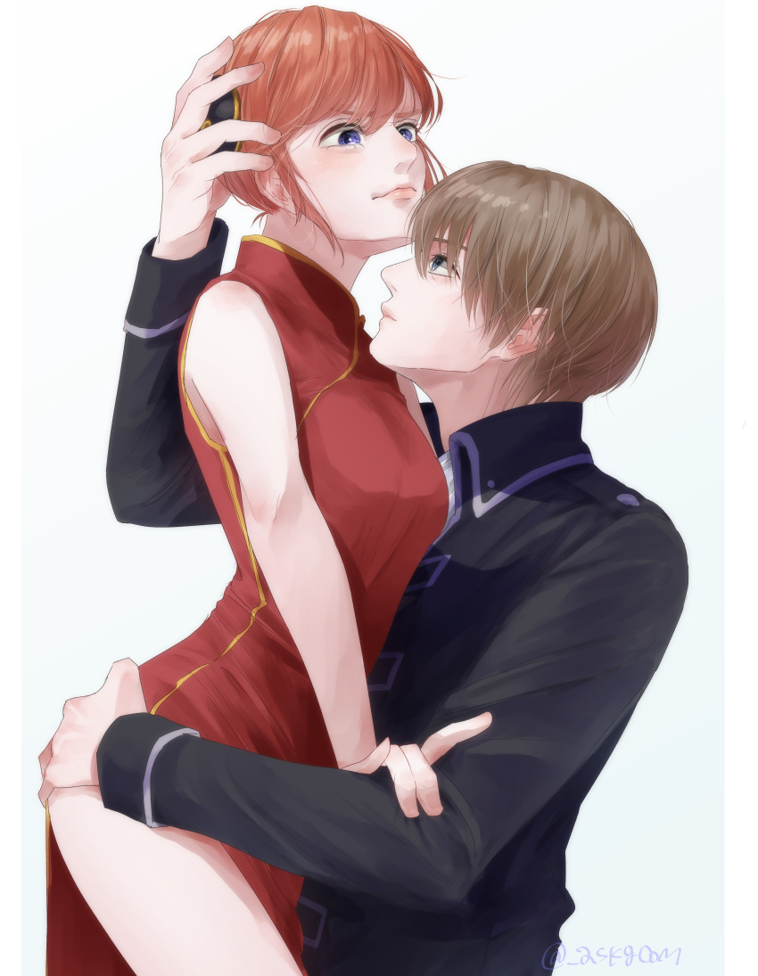 1boy 1girl absurdres askgcom ass_grab bare_arms bare_legs black_jacket blue_eyes brown_hair china_dress chinese_clothes couple dress gintama hair_bun hetero highres jacket kagura_(gintama) long_sleeves looking_at_another okita_sougo red_dress shiny shiny_hair short_hair simple_background sleeveless sleeveless_dress white_background