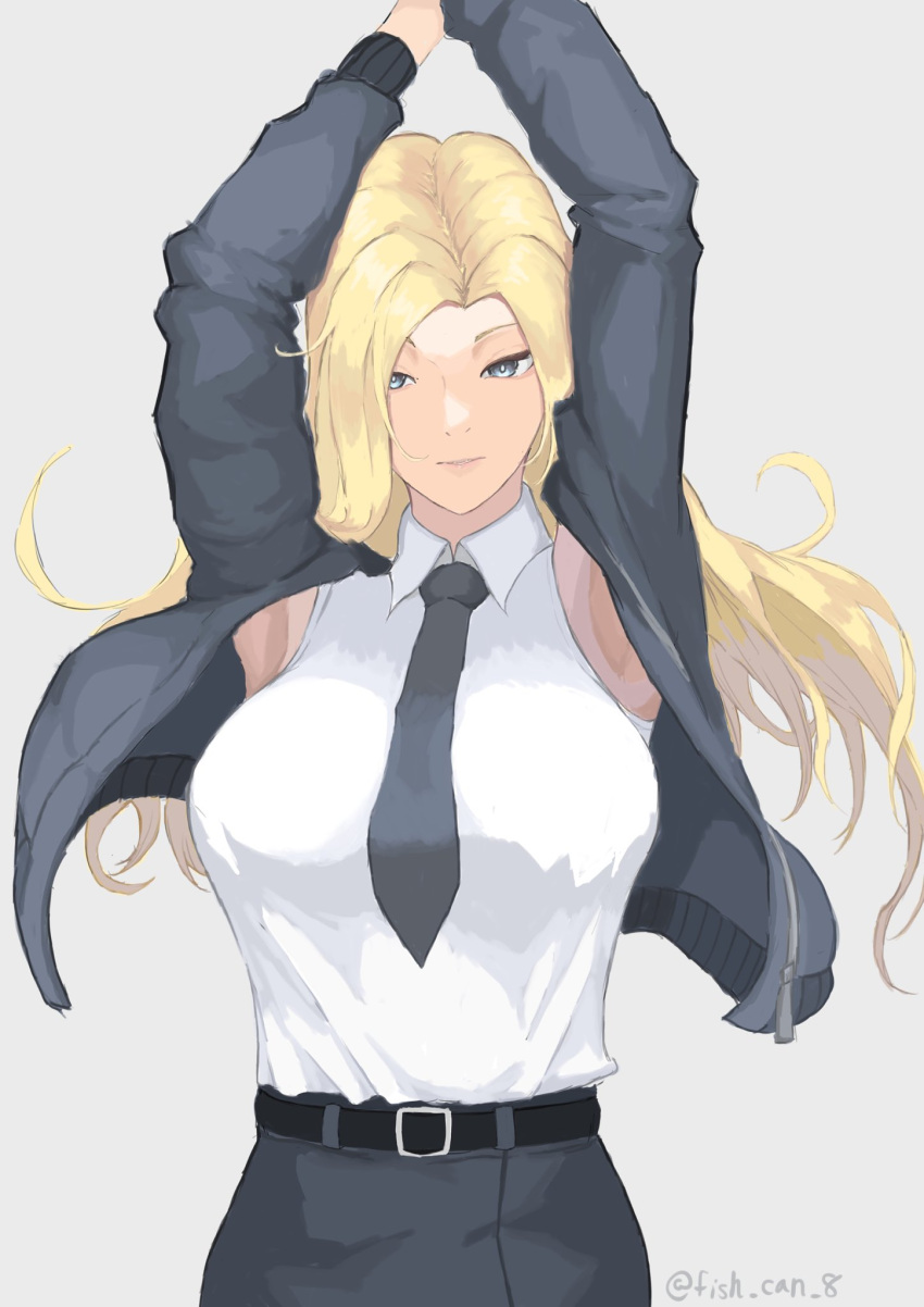 1girl arms_up belt black_belt black_jacket black_necktie black_skirt blonde_hair blue_eyes bomber_jacket breasts cowboy_shot fish_can_8 grey_background highres hornet_(kancolle) jacket kantai_collection large_breasts long_hair long_sleeves looking_at_viewer necktie parted_lips pencil_skirt shirt skirt sleeveless sleeveless_shirt solo twitter_username white_shirt